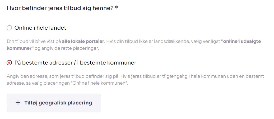 Skærmbillede fra Socialkompas der viser hvor man vælger placering af tilbud